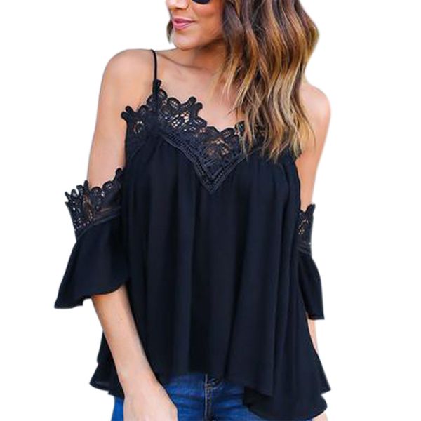 

newly women lace off shoulder chiffon blouse spring summer strap loose shirts vk-ing, White