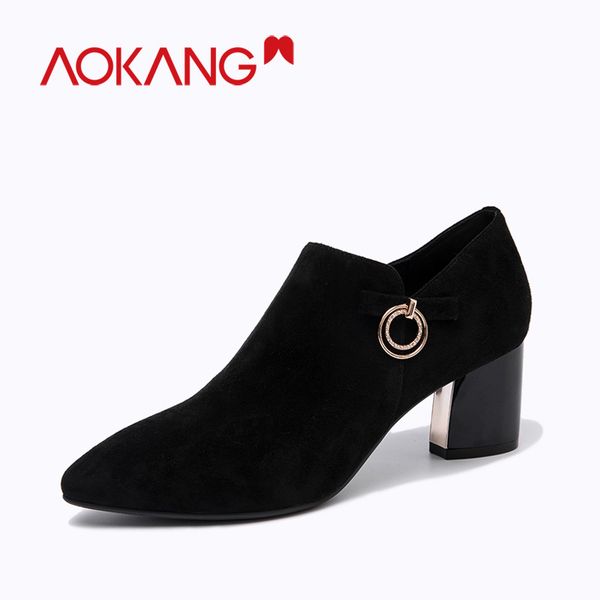

aokang women high heel booties fashion female kidsuede boots ladies fashion golden buckle naked booties boots shoes woman, Black