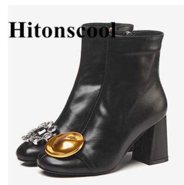 

new design unique decor women's winter boots round toe metal crystal chunky high heel shoes woman black white leather ankle boot