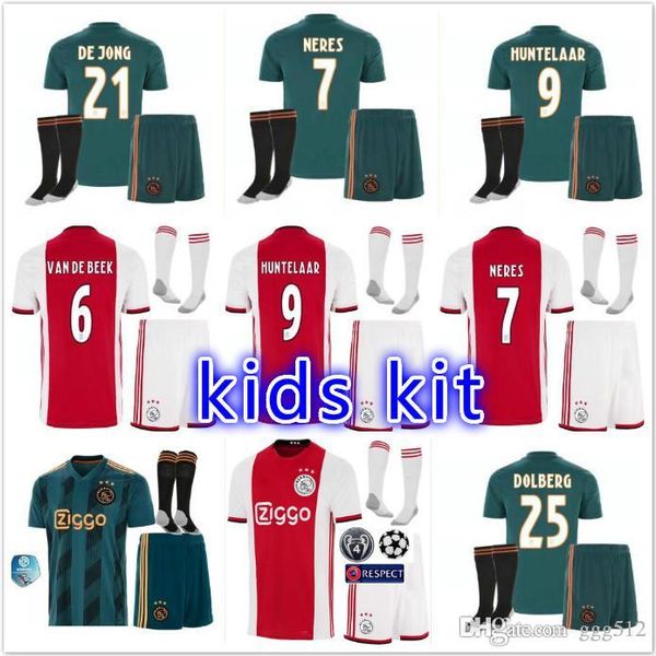 

thai quality 2019 2020 ajax fc home away kids kit soccer jersey 19 20 away klaassen fischea bazoer milik ajax kids football shirt, Black;yellow