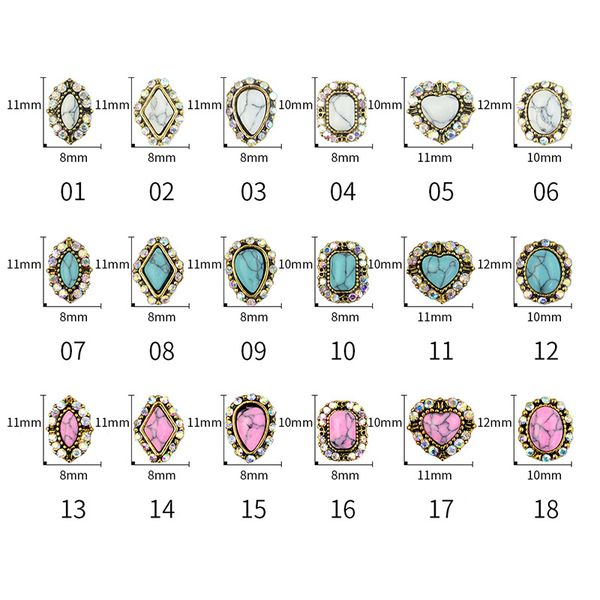

100pcs/pack nail oval retro alloy jewelry diamond-covered square heart shaped tricolor bohemian diamond, Silver;gold