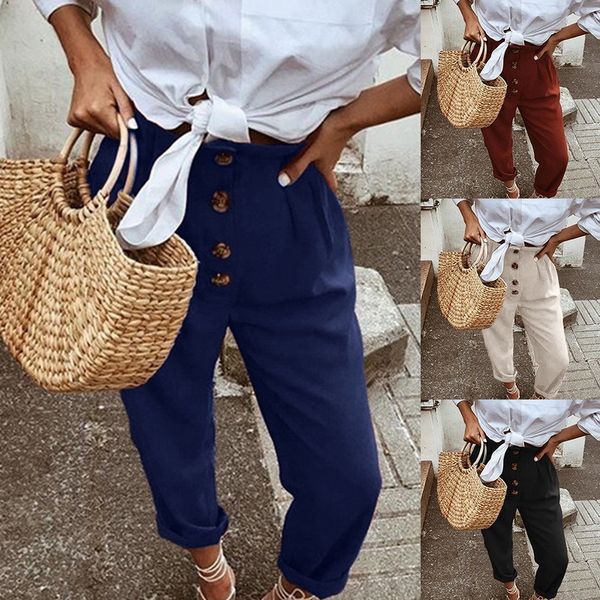 

women retro trousers 2019 summer autumn pants wide leg pants casual loose harem button long pantalon femme plus size black, Black;white