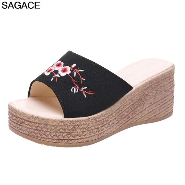 

sagace shoes womens ethnic style embroidery flowers slippers lady retro summer open toe wedge slippers beach flat shoes 4.may.22, Black