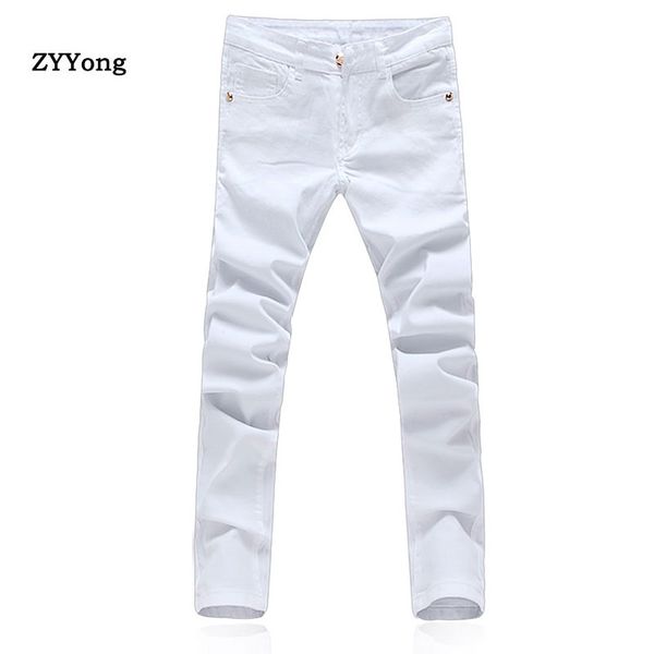 

stretch white denim jeans men pencil pants solid color fashion streetwear skinny slim leisure youth black cowboy trousers, Blue