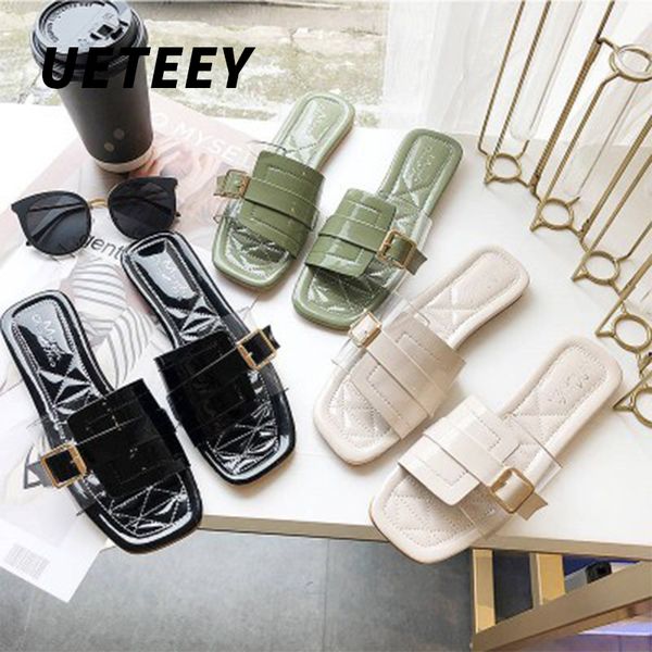 

ueteey slippers women wearing 2020 harbour style new korean buckle lady transparent flip flops flat bottom slippers lady, Black
