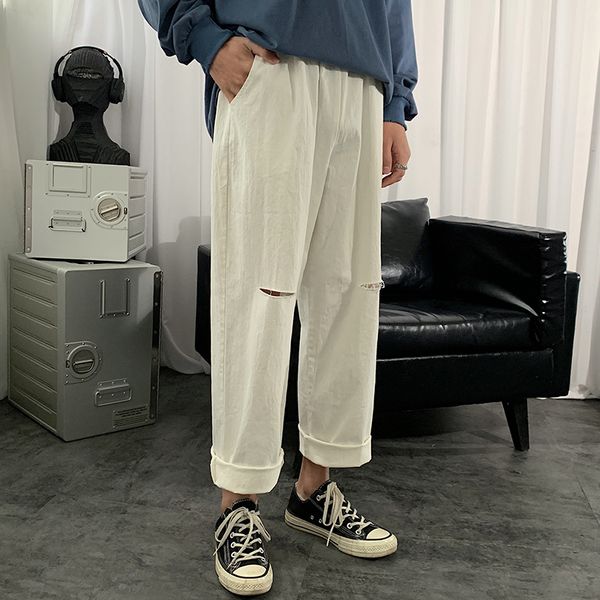 

plain color streetwear men harem pants japanese style casual wide leg trousers summer man ripped pants chinese baggy m-5xl, Black
