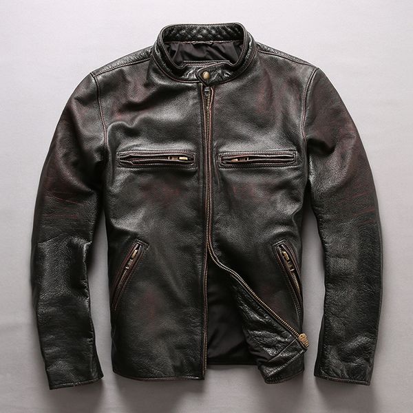 

new arrivals men's amekaji style vintage genuine leather jacket double colar cow leather coat men casual jacket for male, Black