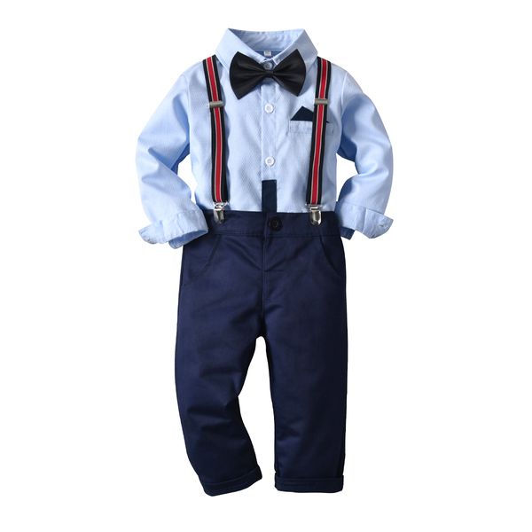 

kids boys clothes autumn formal gentlemen outfits bowtie shirts suspender pants overalls stripe outfit children clothing set, White