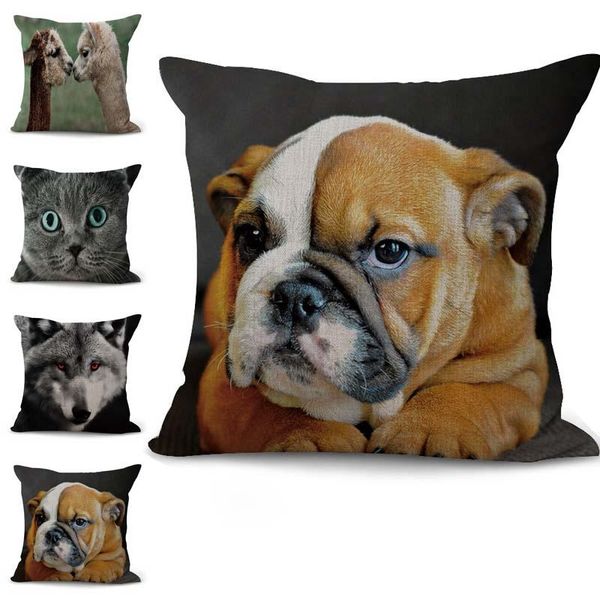 Cute Dog Cat Wolf Animal Pillow Case Cushion Cover Linen Cotton