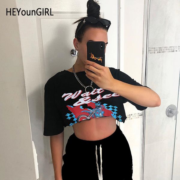 

heyoungirl harajuku punk short sleeve t-shirt women loose casual printed women tshirt black cotton crop t shirt summer, White