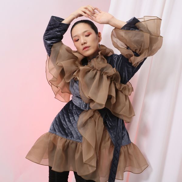 

imucci 2020 new spring design velvet асимметрия куртка с длинным рукавом сплит joint оборками личность высокого качества женщины пальто tm12, Tan;black