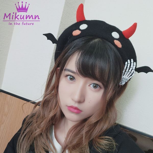 

devil wings beret wool lolita autumn winter women hats halloween cosplay kawaii harajuku warm berets, Blue;gray
