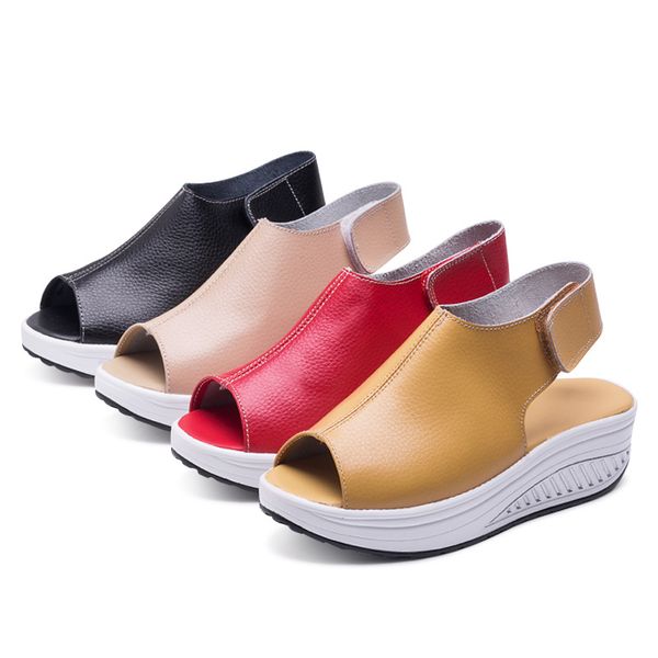 

fashion summer sandals women shake shoes thick wedges slope platform head leather sandals women shoes, Black