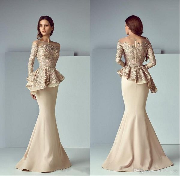 

dubai arabic champagne lace stain peplum mermaid mother of the bride dresses long sheer neck long sleeve elegant evening formal gowns, Black;red