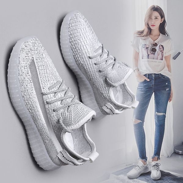 

online celebrity couple's stars coconut shoes v2 reflective casual sports shoes women's netting surface running shoe, Black