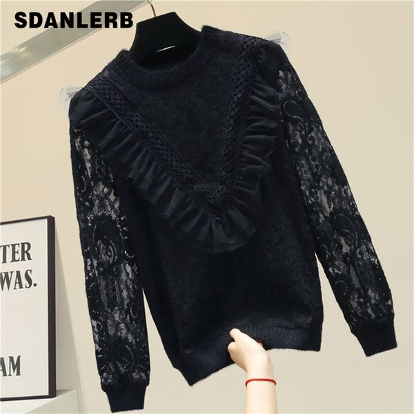 

lace sweater women 2020 new autumn and winter sweater lace stitching thick warm loose outer wear ins-lazy-style sweter, White;black