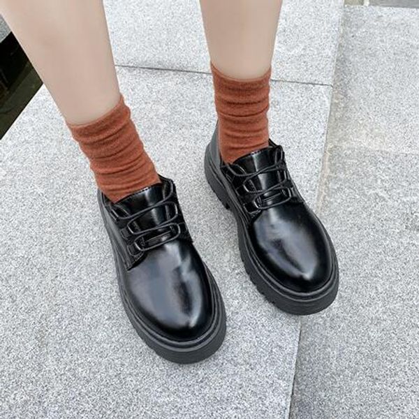 

korean shoes round toe oxfords women's clogs platform casual female sneakers autumn flats all-match 2019 leather creepers, Black