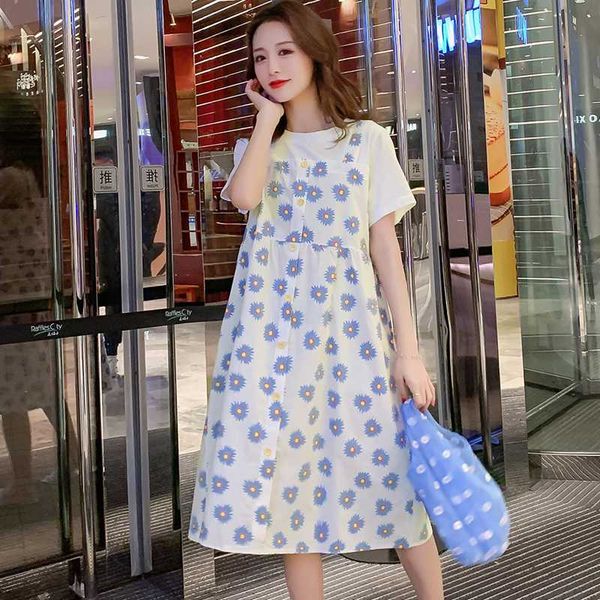 

pregnant women summer cotton dress fashion flowers printing beautiful floral dress short sleeve plus size maternity a-line, White