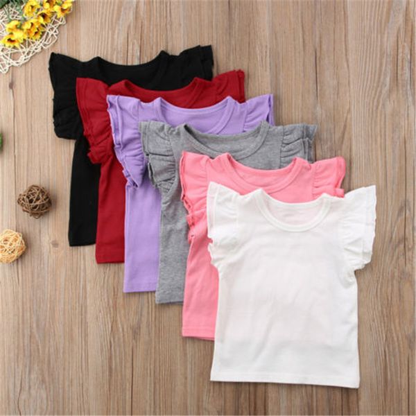 

little girl 2018 summer pure t shirt kid child ruffles sleeve clothes t-shirts baby girl children t shirts solid color wholesale, Blue