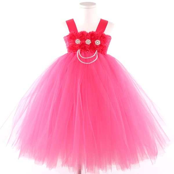 

new baby girl clothes fuchsia flower girl dress pink fuchsia shabby flower tutu dress for girl kids peals girls tutu dresses y190516, Red;yellow