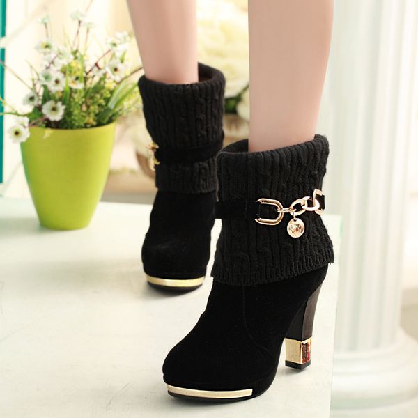 

women's boots winter new thick with shoes high-heeled female boots frosted wool in the women women's shoes, Black