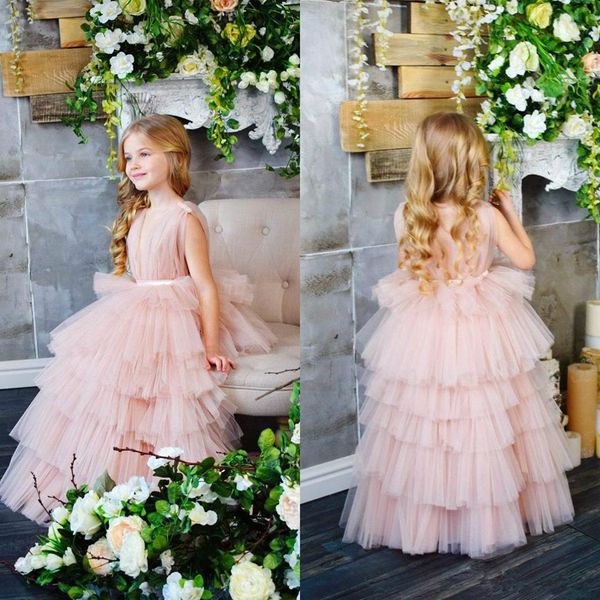 Prenses Vintage Çiçek Kız Elbise Sheer Boyun Dantel Aplikler Kat Uzunluk FlowerGirl Elbise Pageant Törenler ile Yay Tren