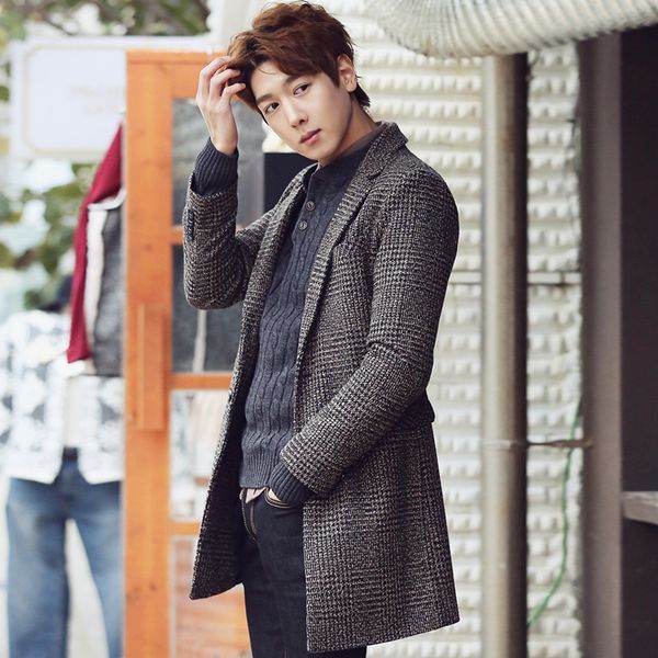 

zogaa 2019 new winter british style retro plaid off shoulder woolen coat male long section korean youth loose woolen coat tide, Black