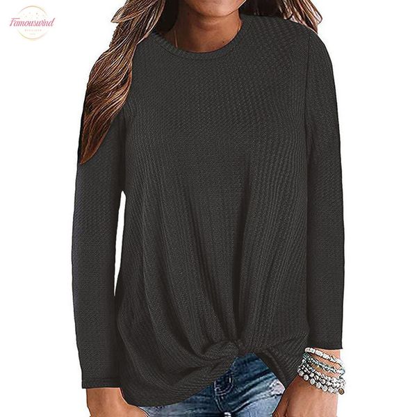 

fashion womens autumn casual o neck long sleeve knot waffle knit tunic shirt cute solid loose shirts 2020, White