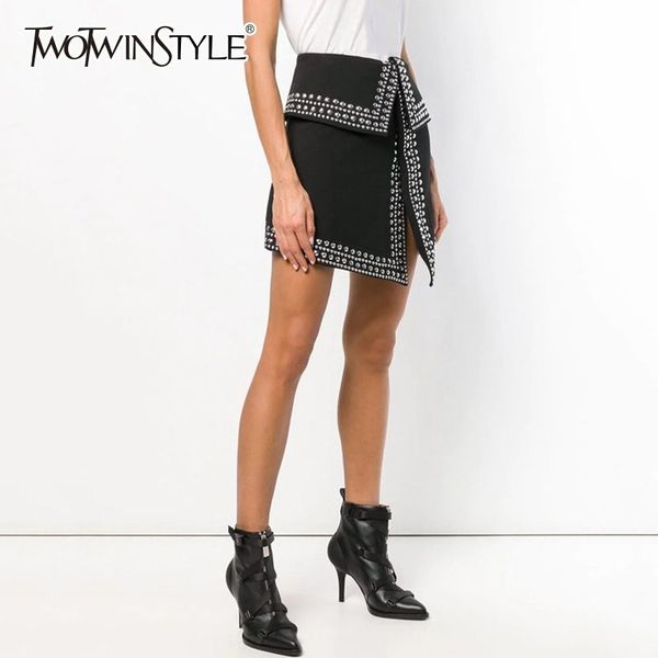

twotwinstyle heavy rivets patchwork skirt female high waist asymmetrical skirts for women 2019 spring casual fashion tide, Black