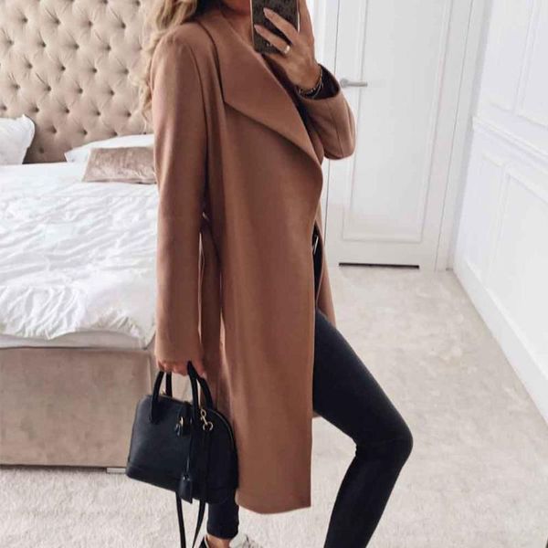 

с поясным ремнем женское пальто офисная мода осень зима ежедневно средней длины повседневная согреться длинный рукав утолщенные твердые отво, Black