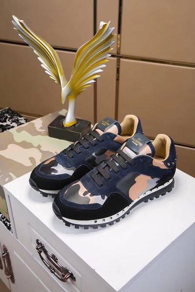 

new shoes rockrunner camouflage noir fabric nappa sneaker genuine valentino leather mens women flats luxury trainers size 35-45, Black