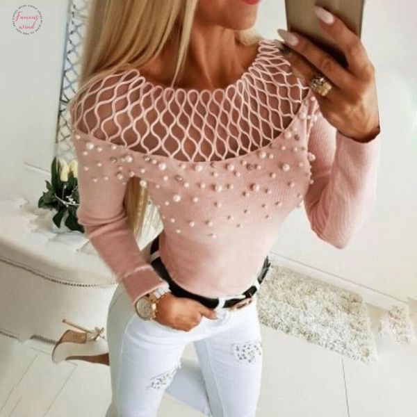 

fashion mesh pearl knit t shirt casual spring tshirt ladies o neck tunic female women long sleeve shirt blusas pullover, White