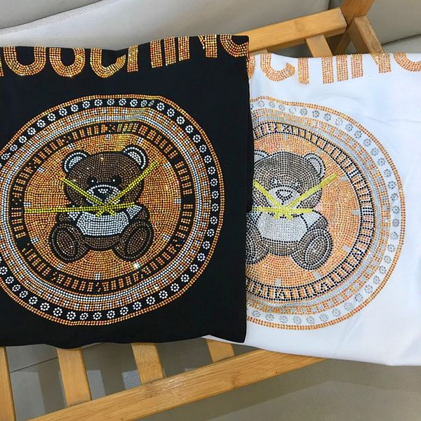 

summer 2020 color diamond english letter loose medium and long flash t-shirt diamond clock bear short sleeve round collar t-shirt, White