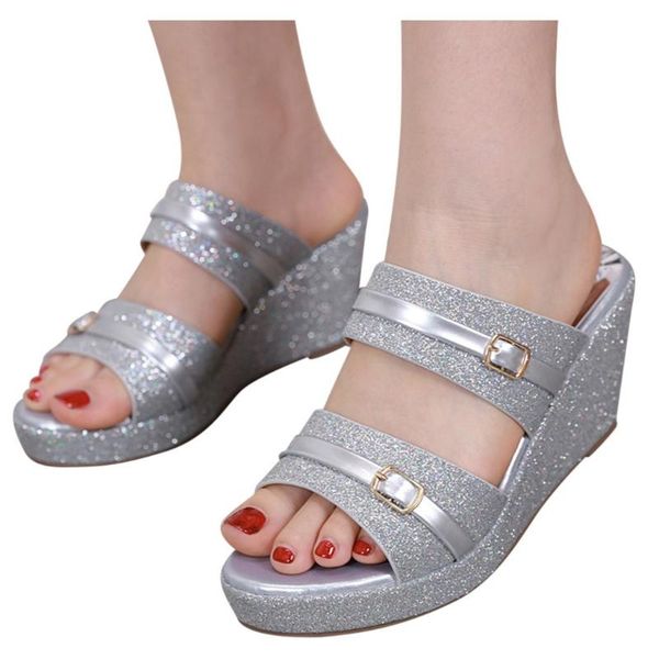 

sequins mid-heeled slippers 2020 mother shoes woman leather sandals women soft bottom slippers female summer outdoor shoes l312#, Black