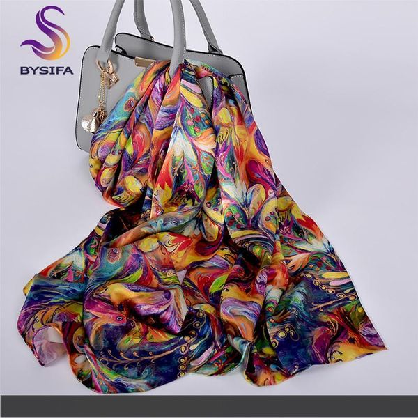 

bysifa] new luxury pure silk scarf shawl women spring autumn long scarves ladies brand 100% silk neck scarf foulard 175*52cm cj191225, Blue;gray