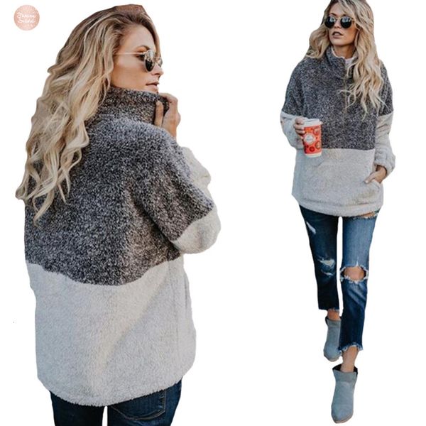 

осень 2019 свитер зимы женщин 1 zipper геометрическая sherpa knit soft 4 руно пуловер colorblock outwear coat кенгуру карманы, White;black
