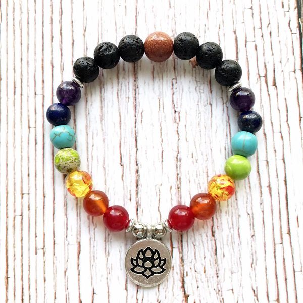 

7 chakra natural lava stone bracelet fashion lotus om bracelet buddha mala beads bracelets yoga mala bracelets gift for friend, Black