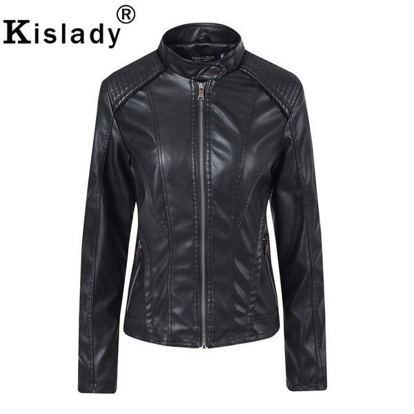 

2019 осень зима женская повседневная искусственная кожа куртка черный коричневый розовый искусственная кожа пальто прохладный винтажный вело, Black