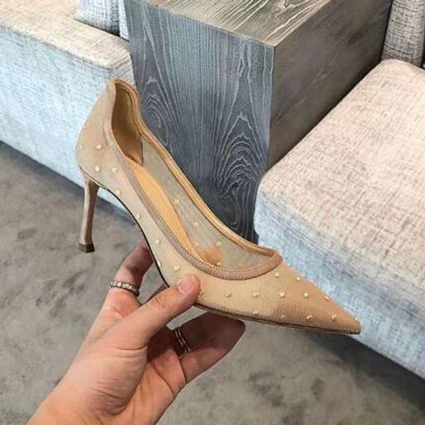 

2019 summer new fashion breathable mesh women's heels, comfortable pointed leather women's party wedding heels+box, Black