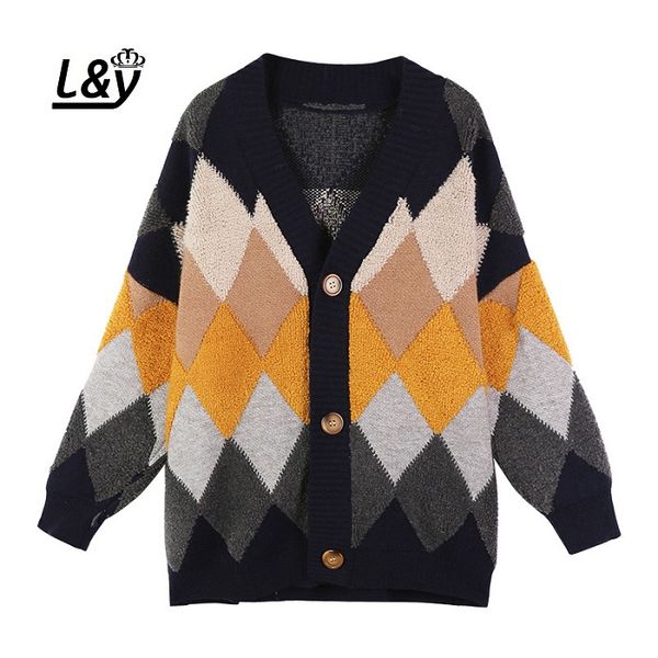 

l&y fashion hit color argyle cardigans sweater autumn winter knitted v neck loose fit casual sweater women vestidos, White