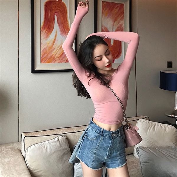 

t- women's long sleeve t-shirt 2020 season low collar base shirt tight short navel women's design, White