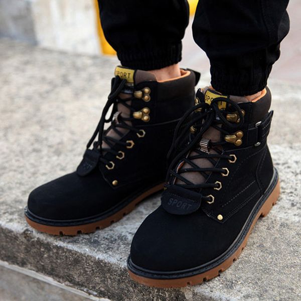 

solid winter snow boots men 2019 new fashion pu leather plush shoes men ankle boots lace-up square heel shoes plus size, Black