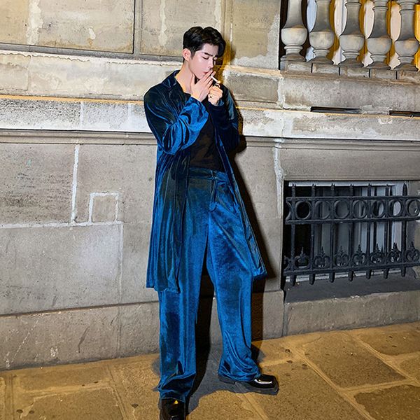 

men 2pcs sets (shirt+pant) male women vintage velvet streetwear long sleeve loose casual shirt style coat cardigan overcoat, White;black