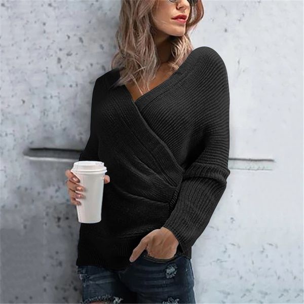 

women's slim fit solid color sweater cross v-neck long sleeve pullovers casual sweaters, White;black