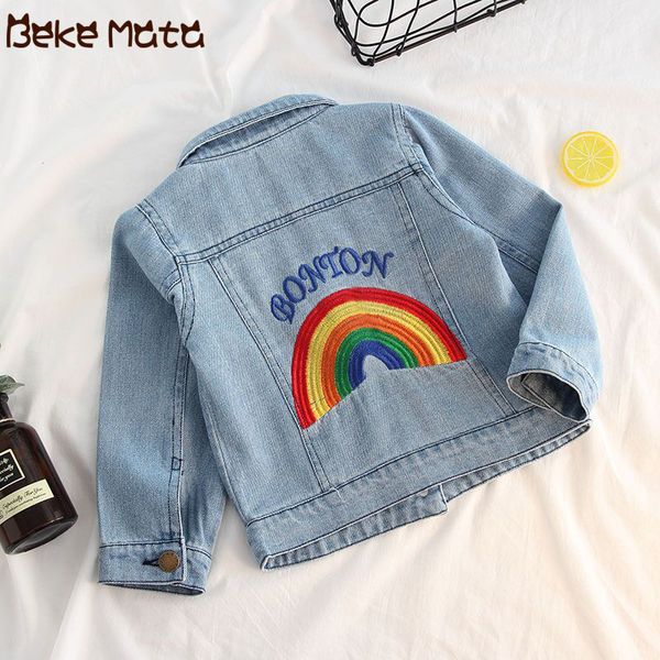 

джинсовые куртки для девочек 2020 весна радуга печати девушки малыша пальто дети девушки жан куртки вышивка дети верхняя одежда одежда, Blue;gray