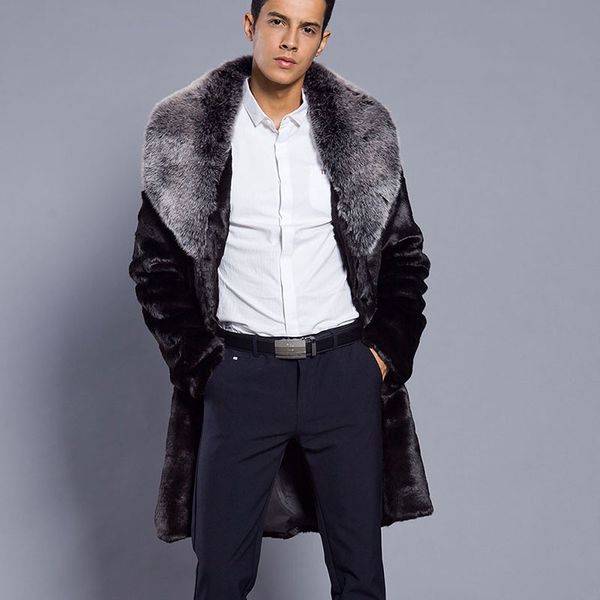 

2018 new men's winter faux fur jacket long winter coat thick warm turn down fur collar faux jacket men coats 6q2427, Tan;black
