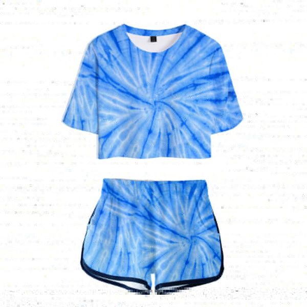 

new printed women popular tie-dye two piece set new design oversize short sleeve and popular tie-dye shorts o-neck summer, White