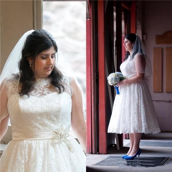 

tea length plus size wedding dresses bateau neck sleeveless flower belt lace a line short bridal gowns custom size, White