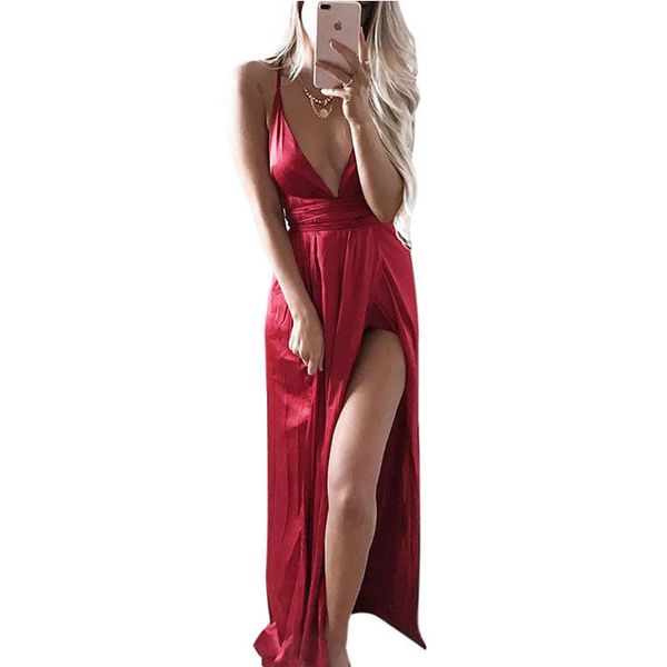 

summer deep v-neck halter beach skirt solid color strap long dress, Blue;gray