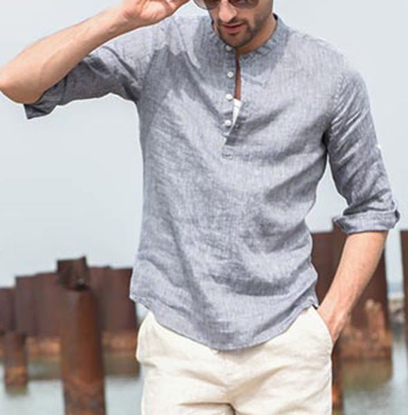 

shirt men casual men's short sleeve shirt camisa three quarter vintage linen solid blouse streetwear camisa masculina, White;black